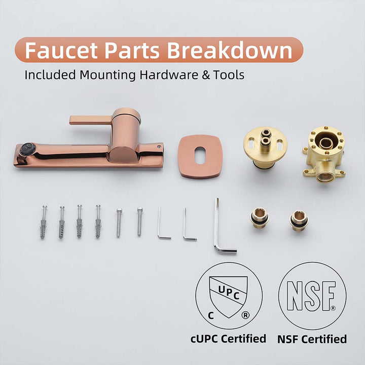 Rose gold faucet parts with cUPC and NSF certification shown.