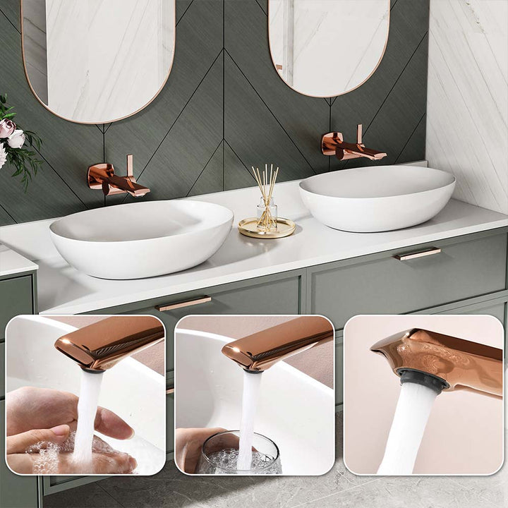 Rose gold faucet with smooth water flow and close-up detail views.