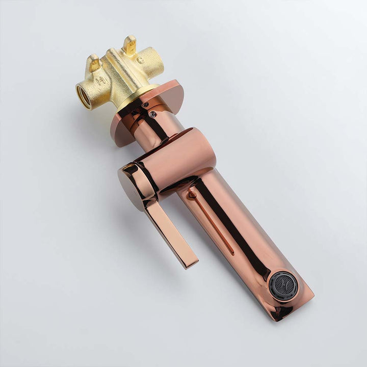Rose gold faucet with brass valve, sleek modern wall mount design.