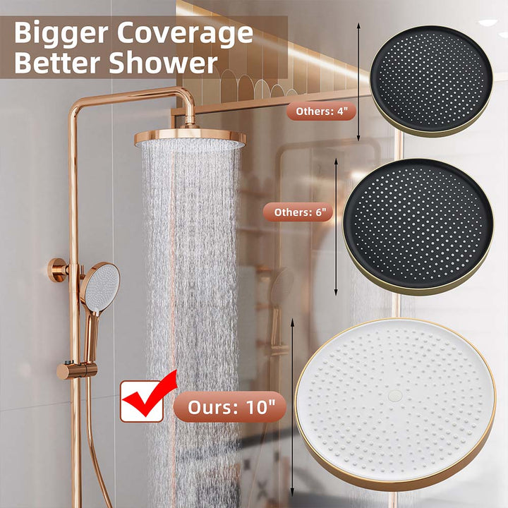Rose gold shower system with 10 inch rain shower head for full coverage