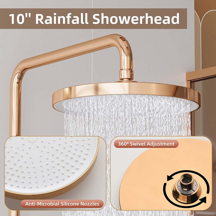 Rose gold shower system 10 inch rainfall showerhead with silicone nozzles