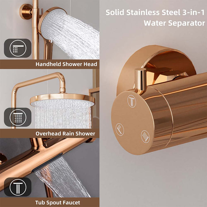 Rose gold 3-in-1 shower system with handheld, rain shower and tub faucet
