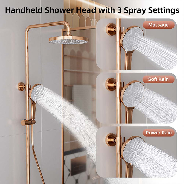 Rose gold shower system handheld shower with 3 spray settings