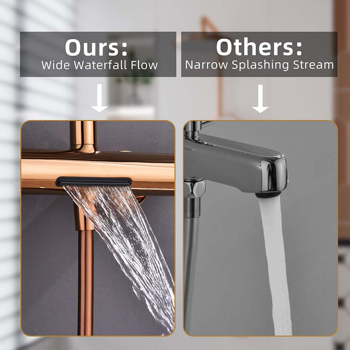 Rose gold shower system with wide waterfall tub spout vs standard stream