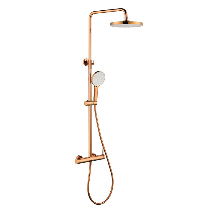 Rose gold shower system with handheld shower and rainfall head