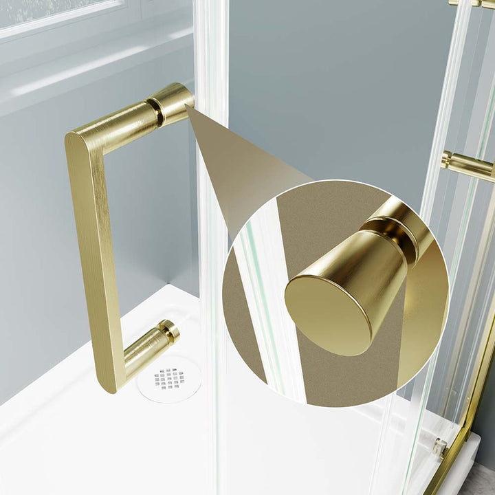 Brushed gold shower door handle with close-up connection detail