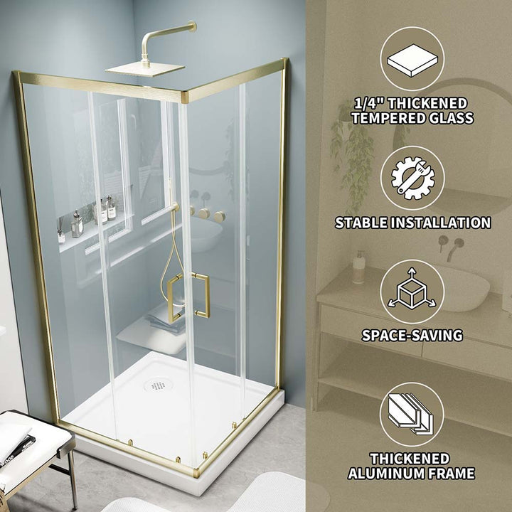 Tempered glass shower door with thick aluminum frame and space-saving design