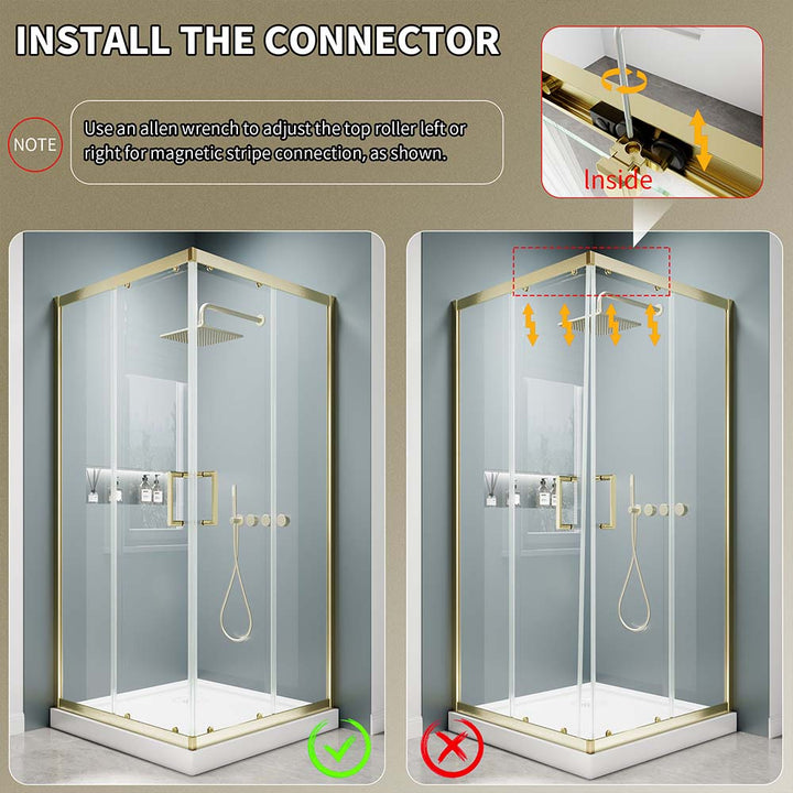 Shower door roller connector installation guide with alignment tips