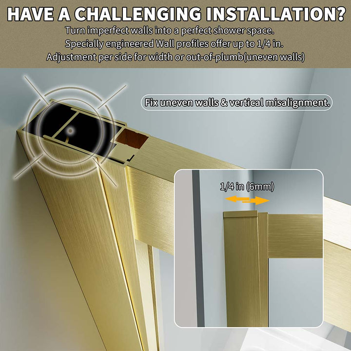 Shower door wall profile adjusts 1/4 in to fit uneven bathroom walls