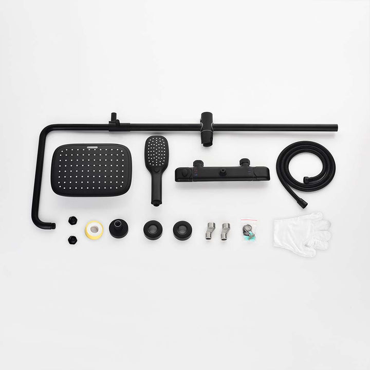 Black shower system complete set with rain shower, handheld and accessories