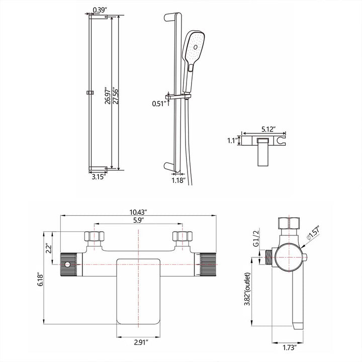 Black shower system size dimensions and installation diagram with handheld shower
