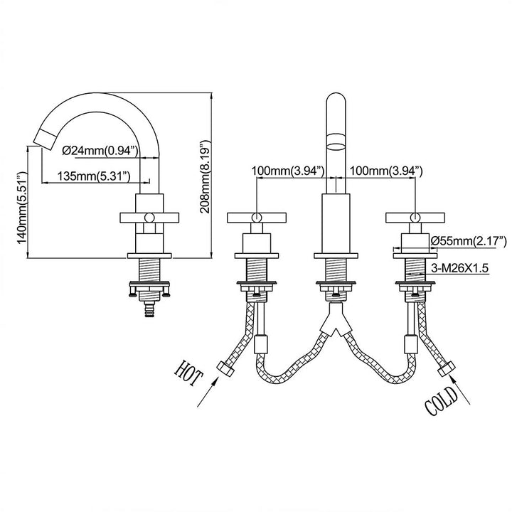 Black bathroom faucet 3 hole shower system technical drawing dimensions