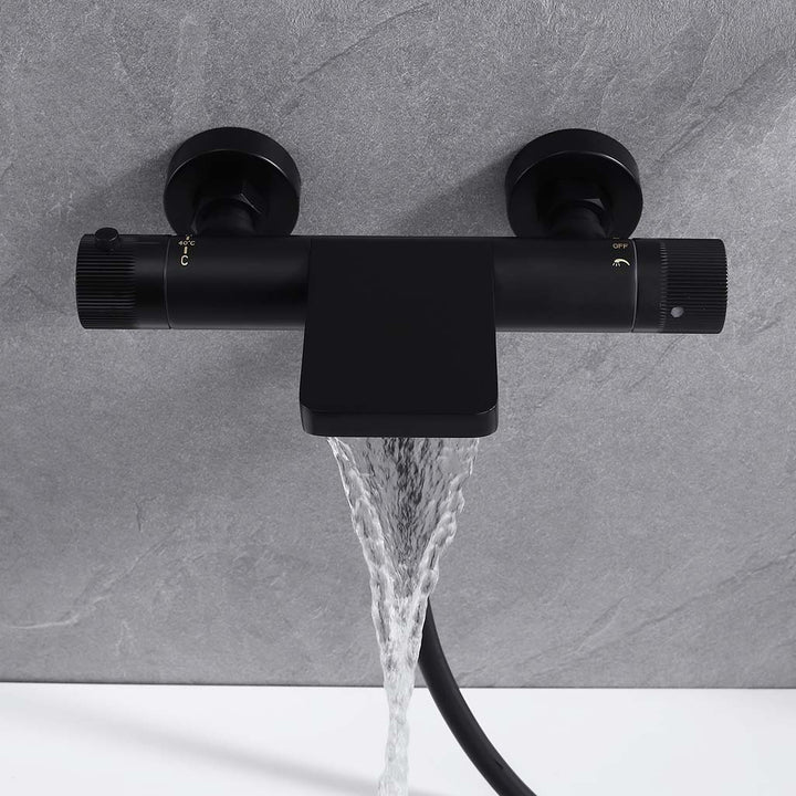 Black shower system front view waterfall spout with strong water flow