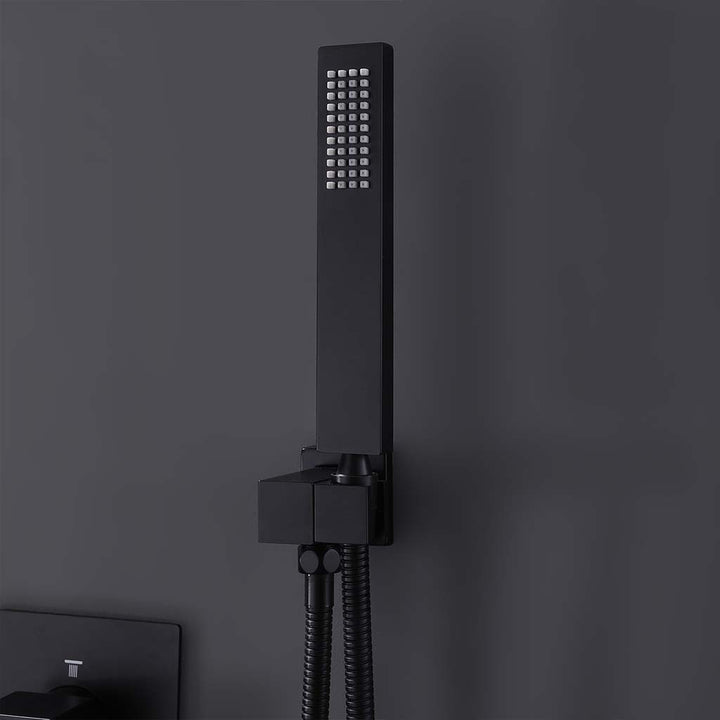 Close-up of black handheld spray for wall-mounted shower system