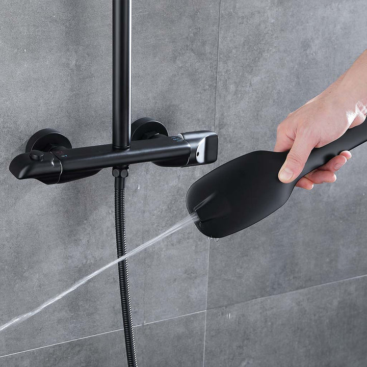 Black shower system handheld sprayer demo with thermostatic valve wall mounted