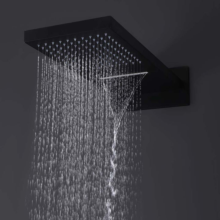 Black shower system with rainfall and waterfall spray