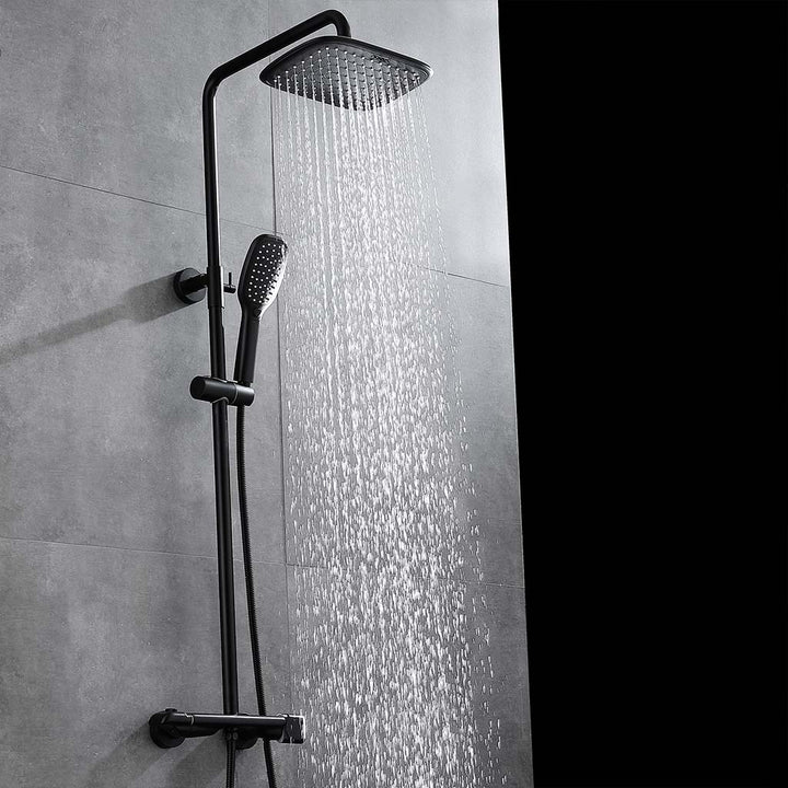 Black shower system wall mounted with rainfall shower head and handheld sprayer
