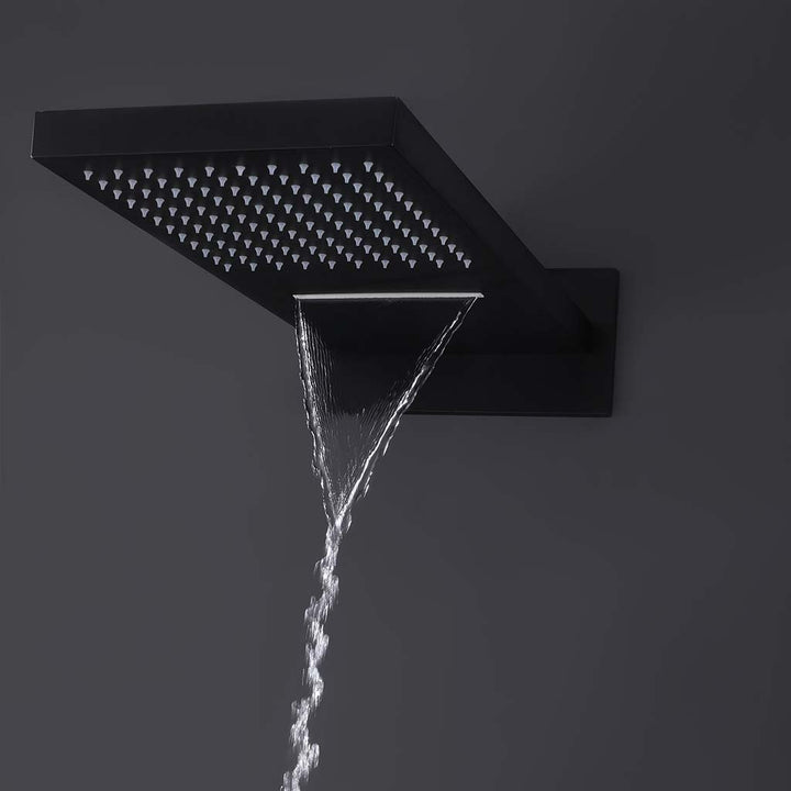 Black shower system with waterfall outlet feature