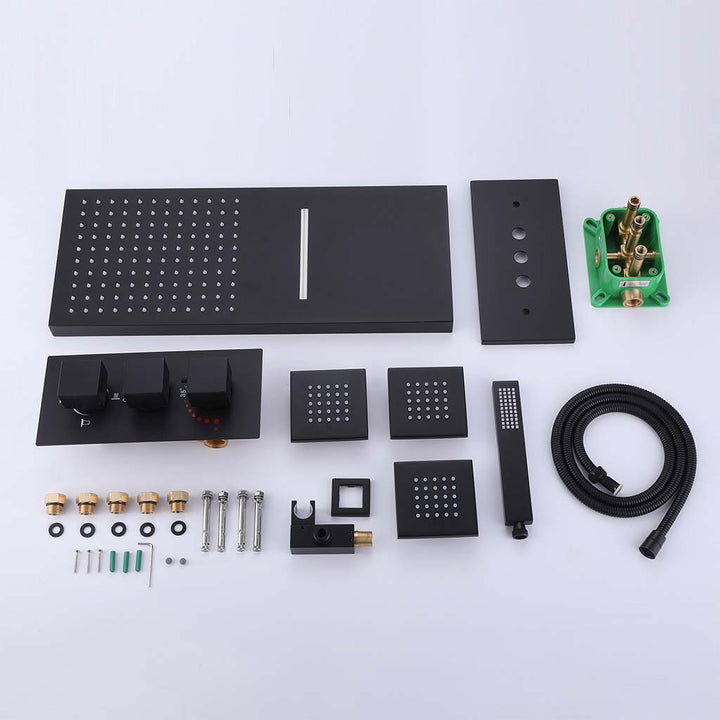 Complete black shower system parts kit with modern square design