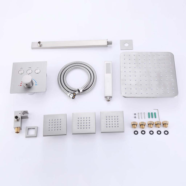 Complete shower system set with accessories and parts