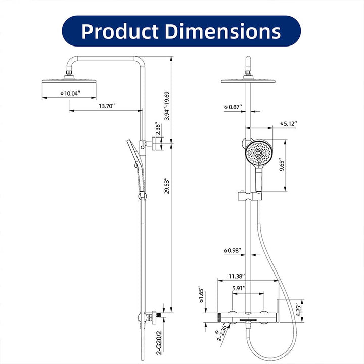 Shower System product dimensions diagram with detailed measurements