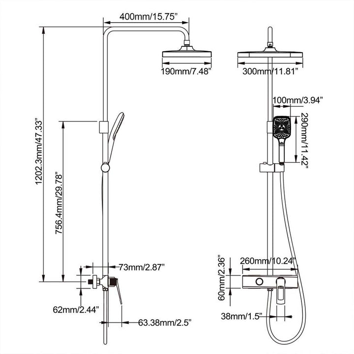 Detailed dimension diagram of shower system with dual shower heads.