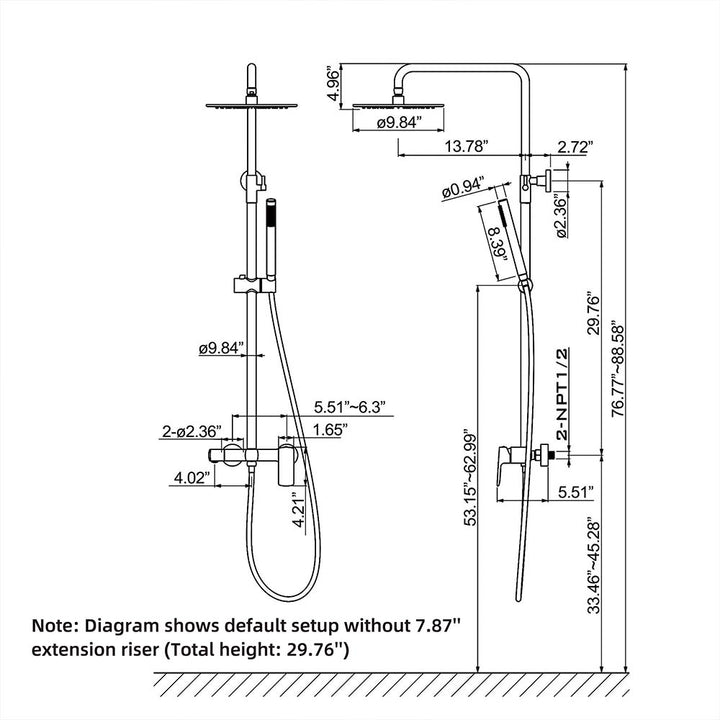 Shower system size diagram without 7.87" extension riser