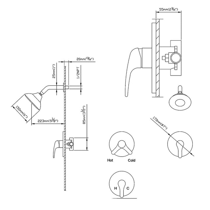 Shower system dimensions with wall mounted rain showerhead and handle