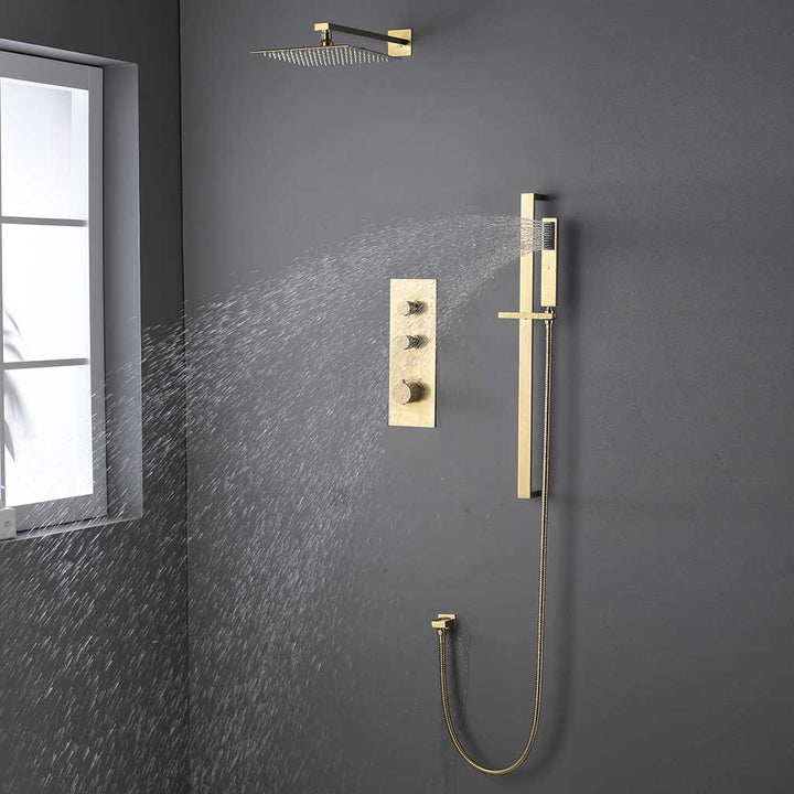 Gold shower system parts set with rain head, valve, and hand shower
