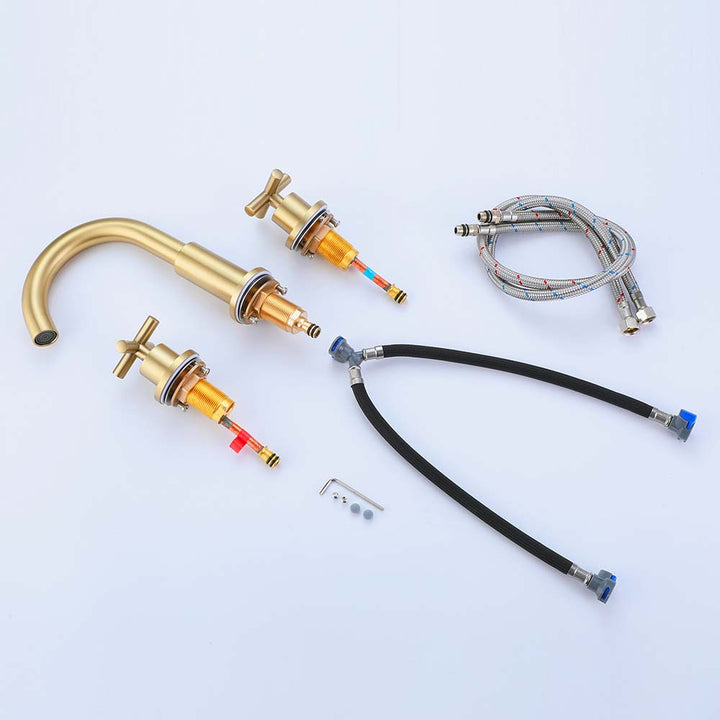 Gold 3 hole bathroom faucet full parts set with hoses and handles