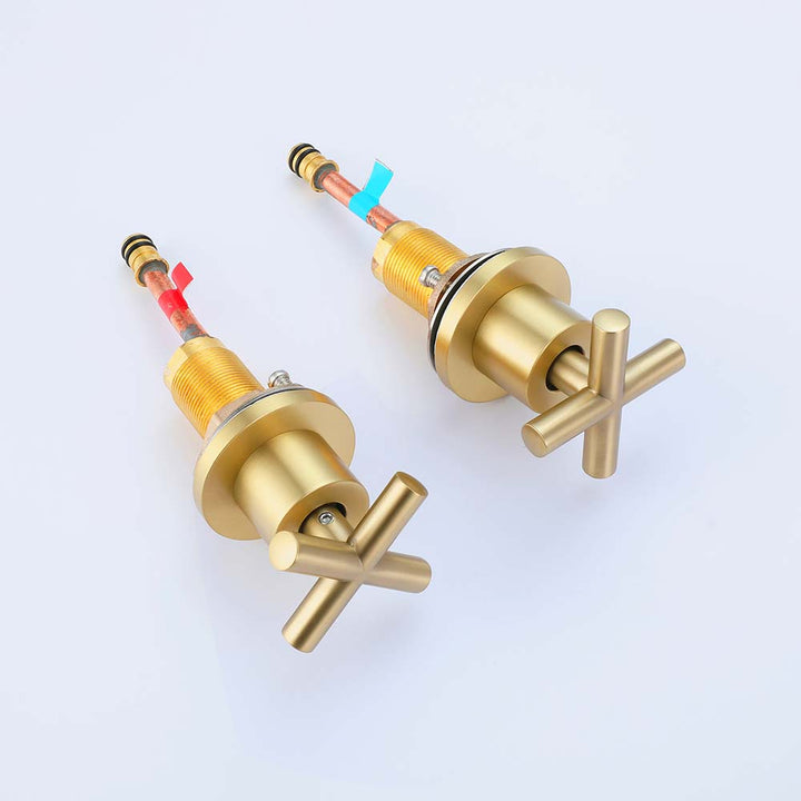 Gold faucet hot and cold valve handles with cross design