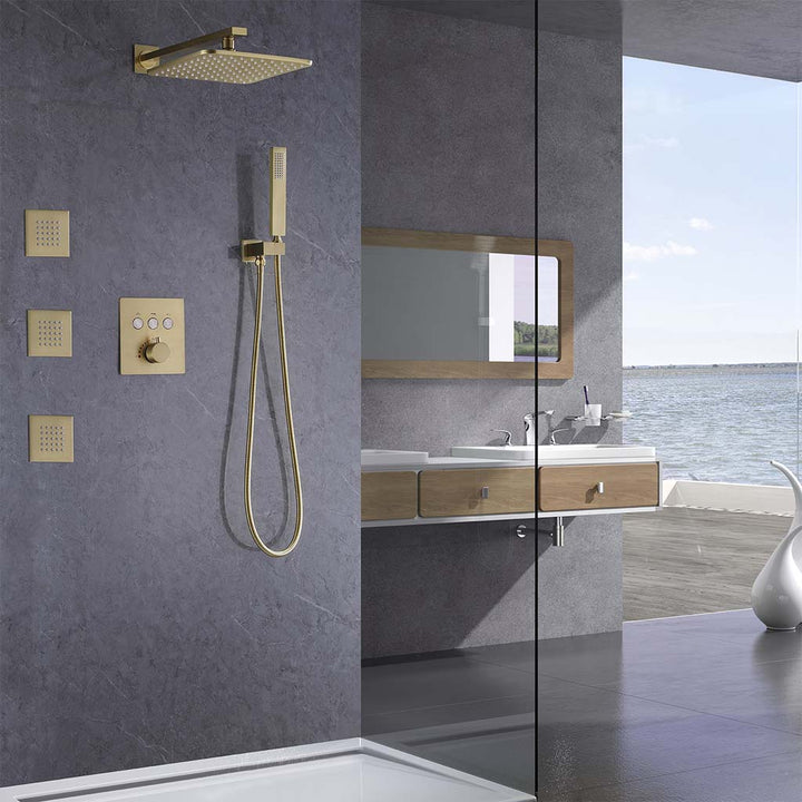 Gold shower system with rainfall head and handheld sprayer