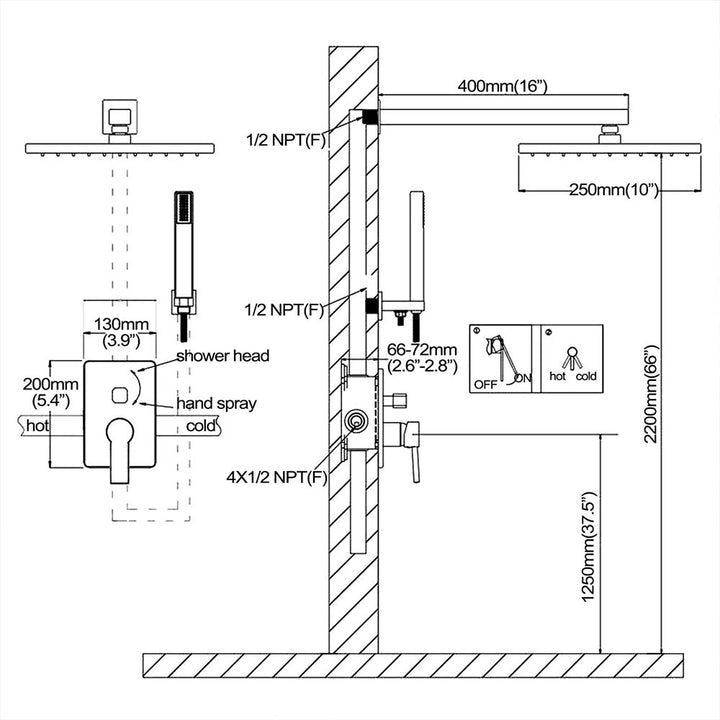Shower system installation diagram with measurements and NPT fittings