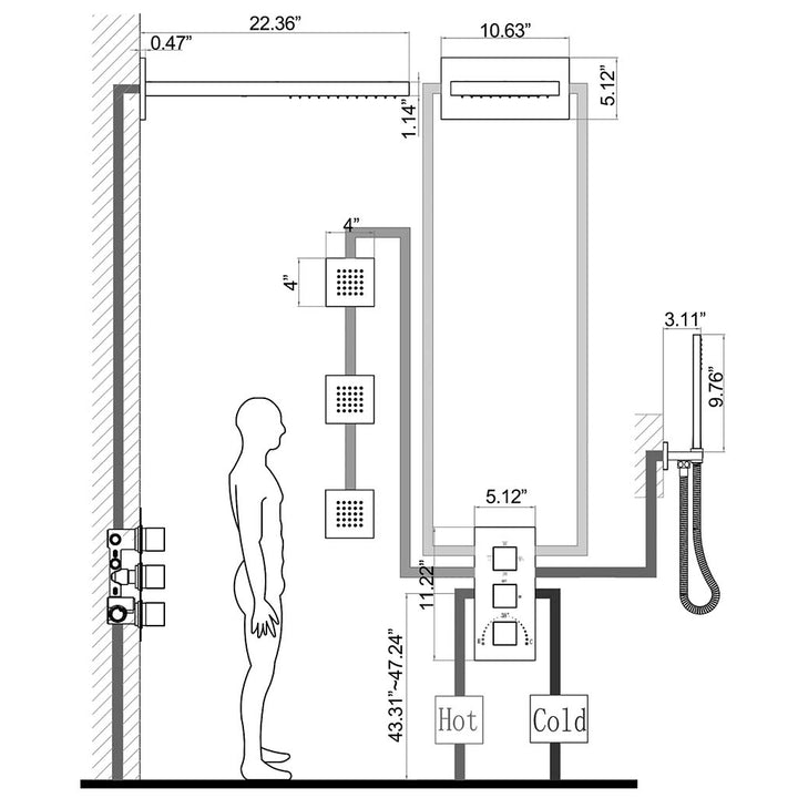Shower system installation diagram showing measurements and layout
