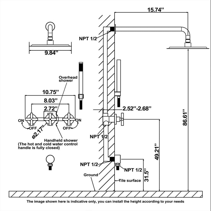 Shower system installation dimensions and NPT 1/2 inch details