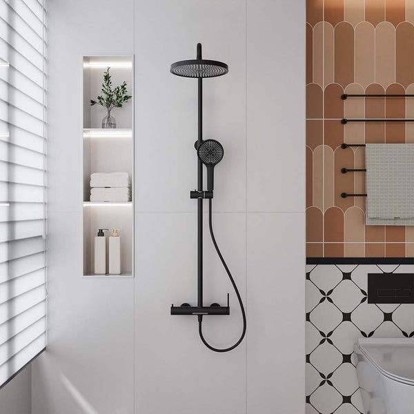 Modern Matte Black Shower System with Rainfall Head and Handheld Sprayer