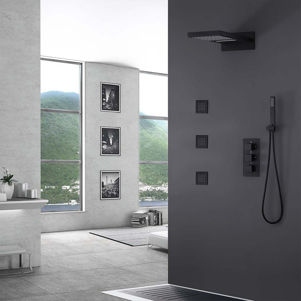 Modern black wall-mounted shower system in luxury bathroom interior