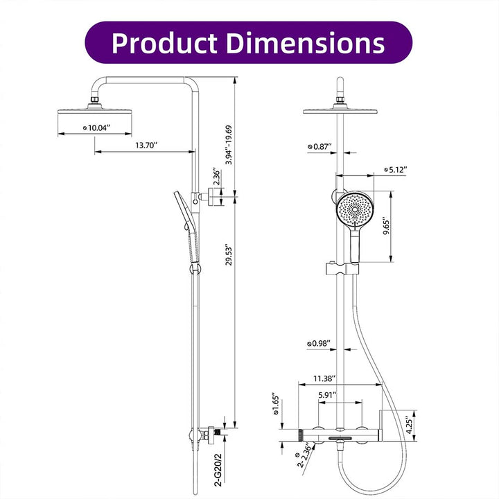 Shower system product dimensions with overhead and handheld shower