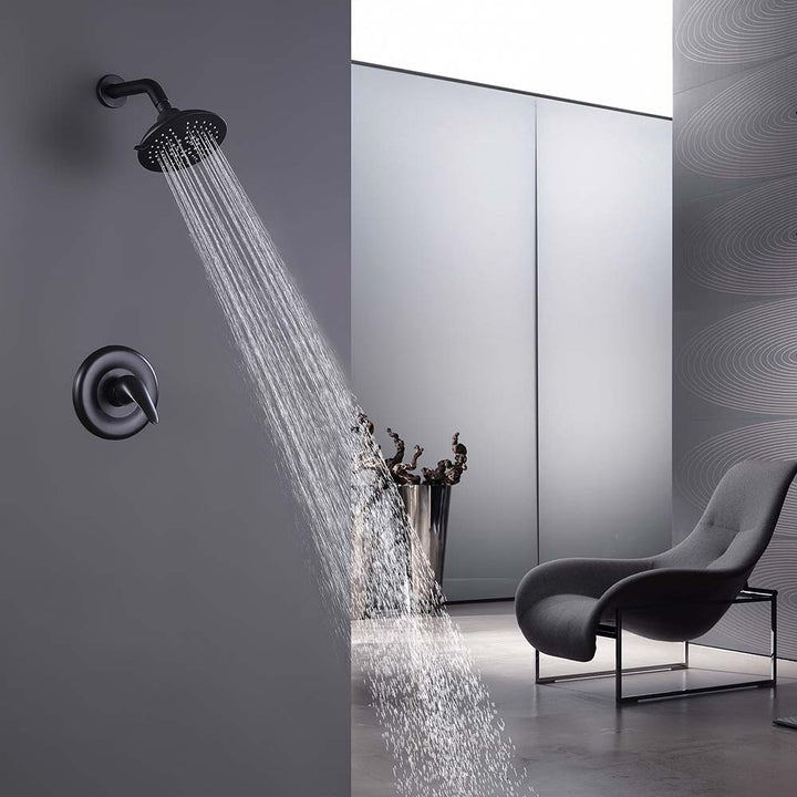 Shower system with wall mounted rain showerhead running water flow