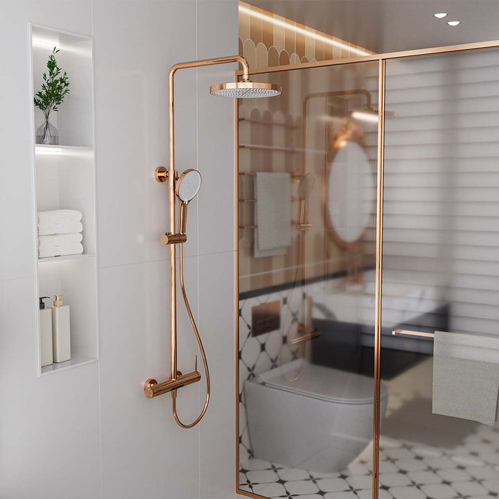 Rose Gold Shower System with Rainfall Showerhead in Modern Bathroom