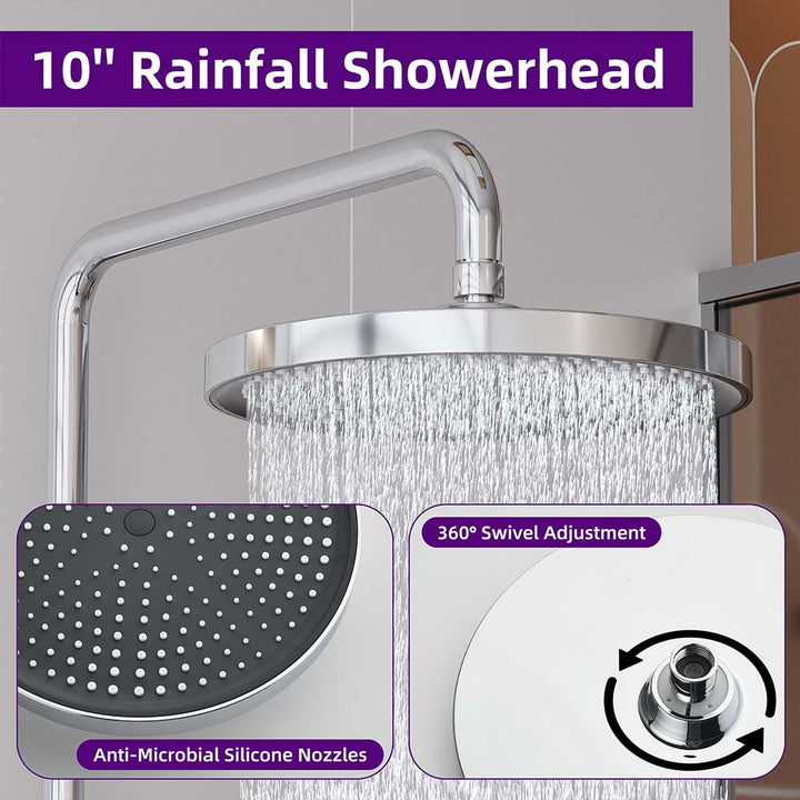 Silver shower system 10 inch rainfall showerhead with swivel adjust