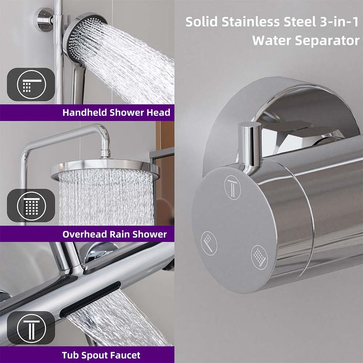 Silver shower system with 3-in-1 water separator for tub and shower