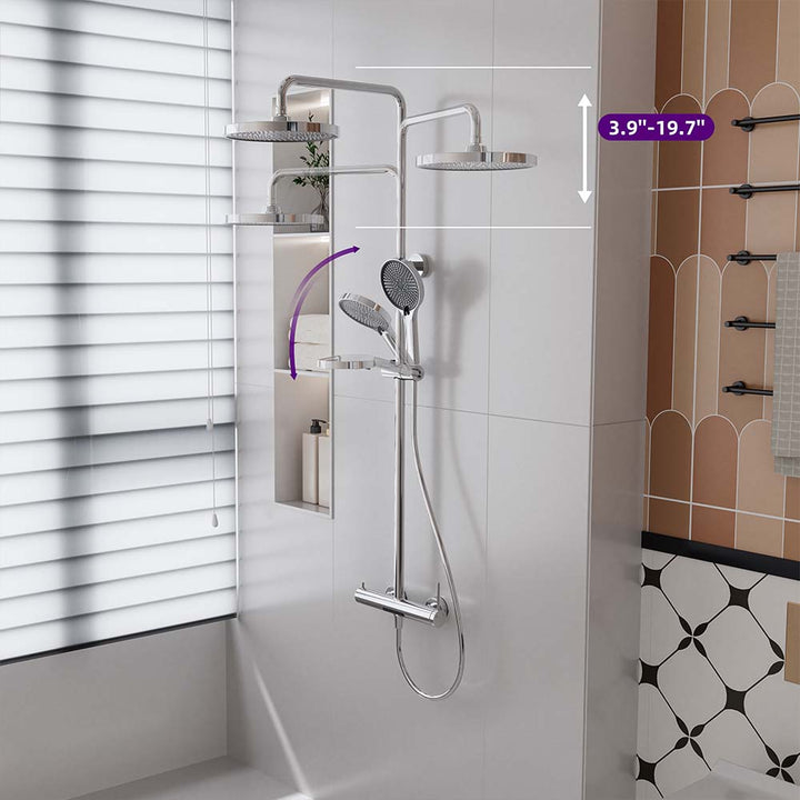 Silver shower system with adjustable rain shower height 3.9 to 19.7 in