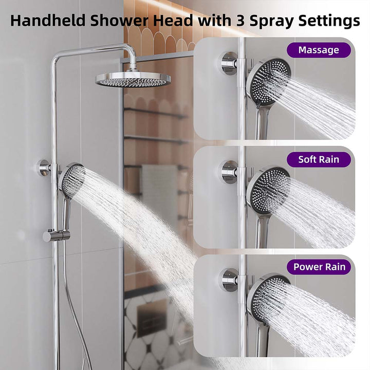 Silver handheld shower head with 3 spray settings massage rain