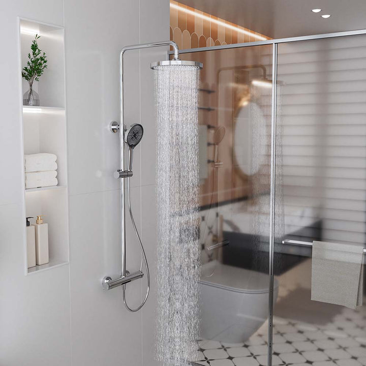 Silver shower system with 10 inch rainfall showerhead water flow