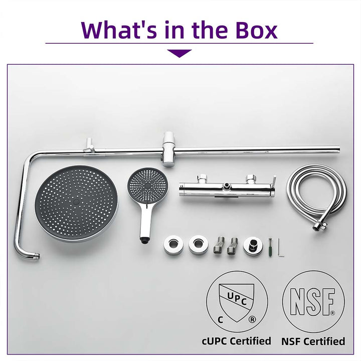 Silver shower system with accessories included in the box