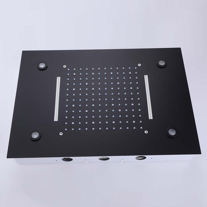 Square black ceiling rainfall shower system with LED lights