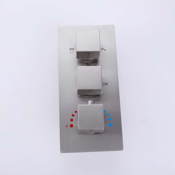 Stainless shower system control valve panel with knobs