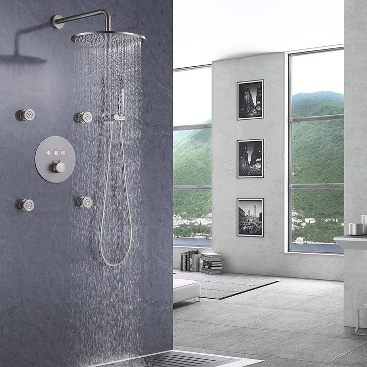 Rainfall shower system with water flow and body jets in modern bathroom