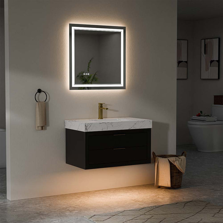 Side view of wall-mounted bathroom vanity with LED mirror